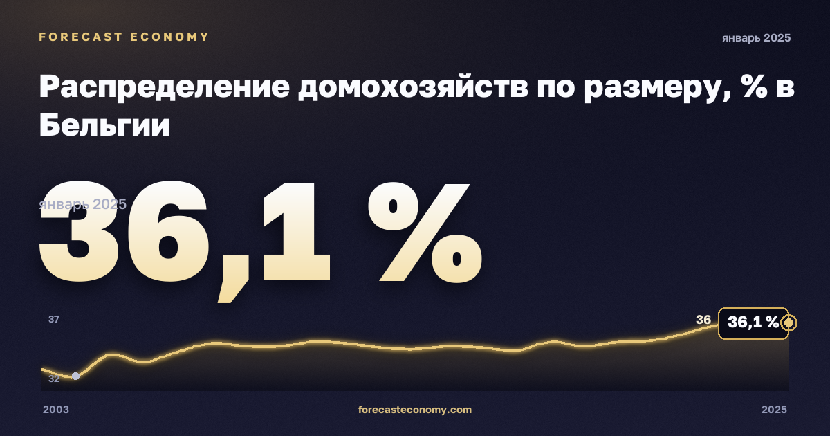 Распределение домохозяйств по размеру, % в Бельгии: график динамики 2003–2025, последнее значение 36,1 %, источник Евростат