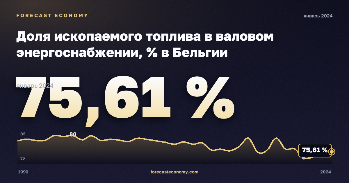 Доля ископаемого топлива в валовом энергоснабжении, % в Бельгии: график динамики 1990–2024, последнее значение 75,61 %, источник Евростат