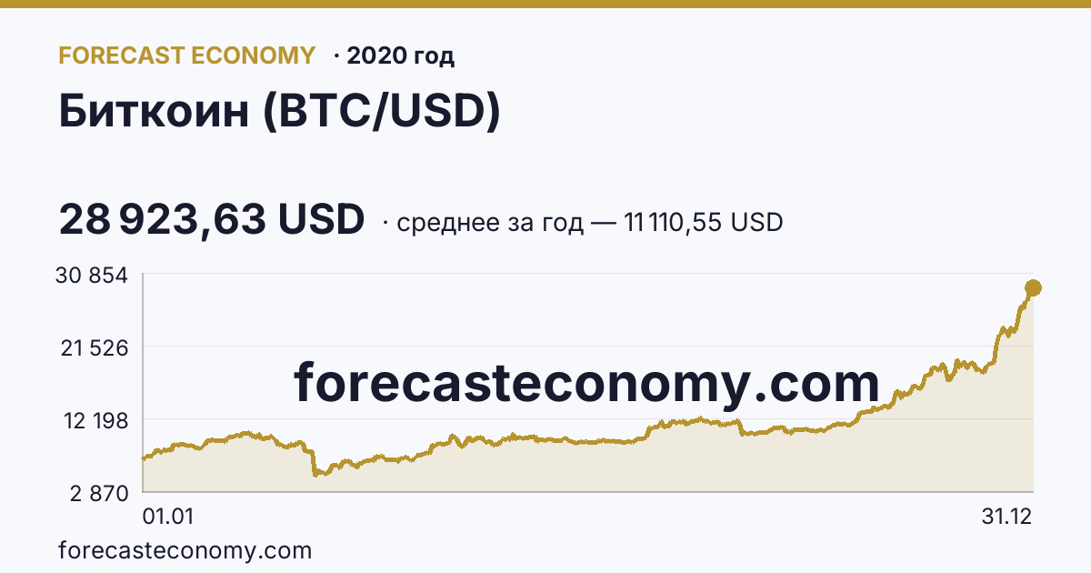 Биткоин (BTC/USD) в 2020 году — график, среднее за год 11 110,55 USD, источник Binance