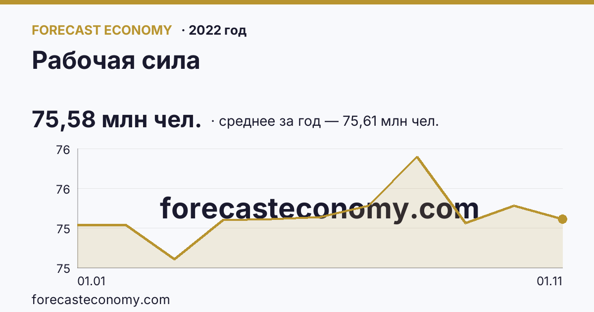 Рабочая сила в 2022 году — график, среднее за год 75,61 млн чел., источник Росстат