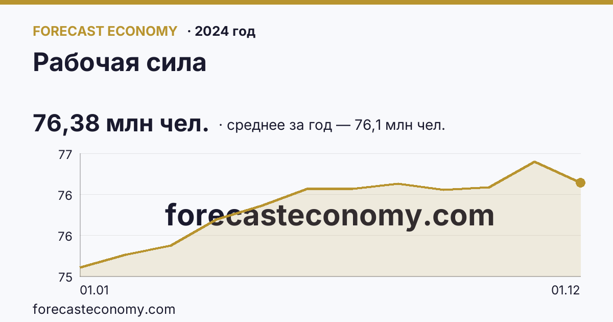 Рабочая сила в 2024 году — график, среднее за год 76,1 млн чел., источник Росстат