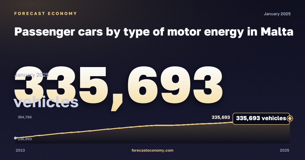 Passenger cars by type of motor energy in Malta: dynamics chart 2013–2025, latest value 335,693 vehicles, source Eurostat