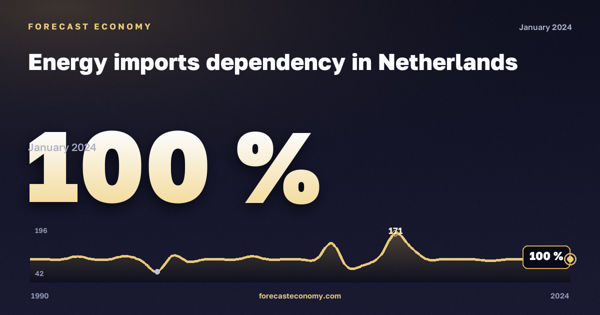 Зависимость от импорта энергоресурсов, %, лигнит в Нидерландах: график динамики 1990–2024, последнее значение 100 %, источник Евростат
