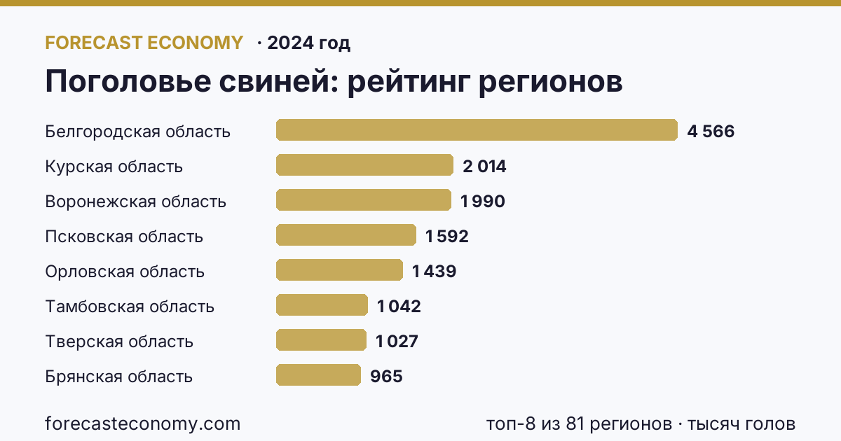 Поголовье свиней по регионам России — карта и рейтинг, 2024 год, лидер — Белгородская область (4 566 тысяч голов)
