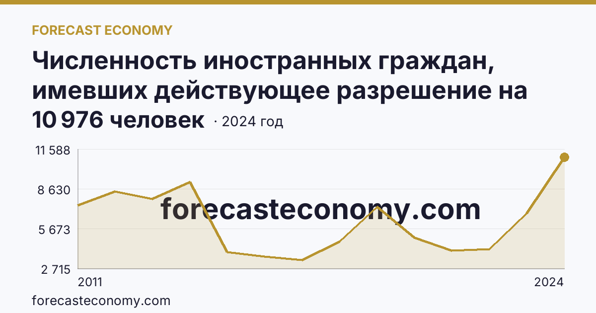 Численность иностранных граждан, имевших действующее разрешение на работу — Амурская область: график динамики 2011–2024, последнее значение 10 976 человек