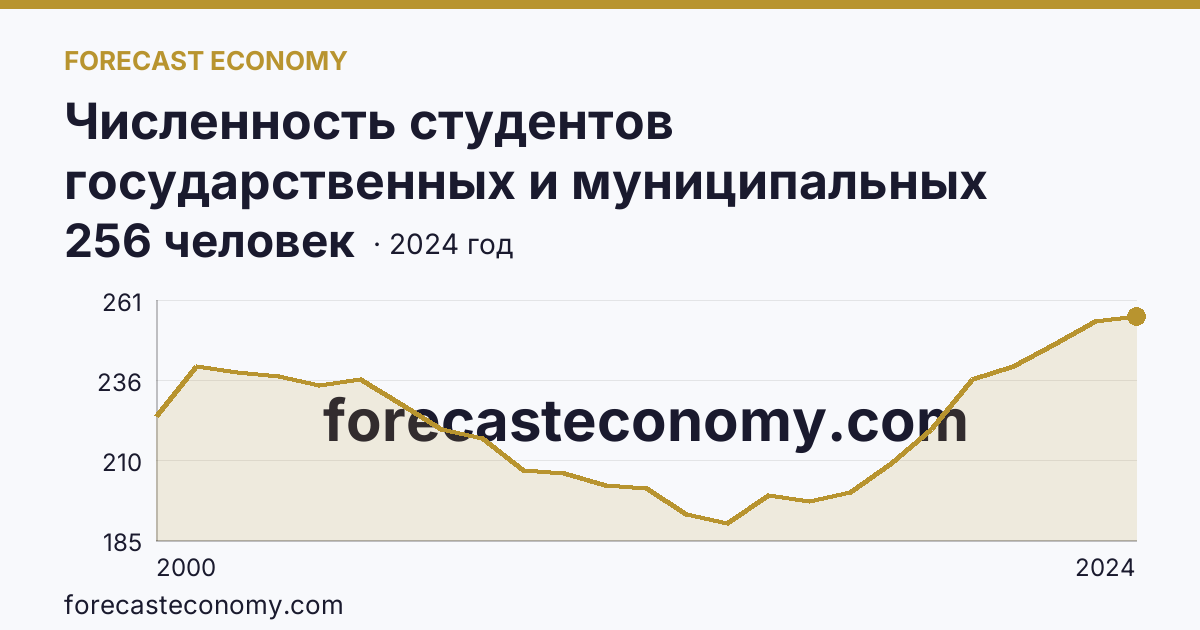Численность студентов государственных и муниципальных профессиональных образовательных организаций, обучающихся по программам подготовки специалистов среднего звена на 10 000 человек населения — Амурская область: график динамики 2000–2024, последнее значение 256 человек