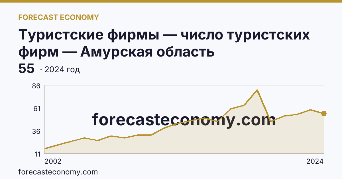 Туристские фирмы — число туристских фирм — Амурская область: график динамики 2002–2024, последнее значение 55