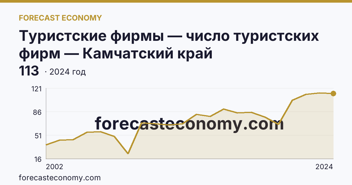 Туристские фирмы — число туристских фирм — Камчатский край: график динамики 2002–2024, последнее значение 113