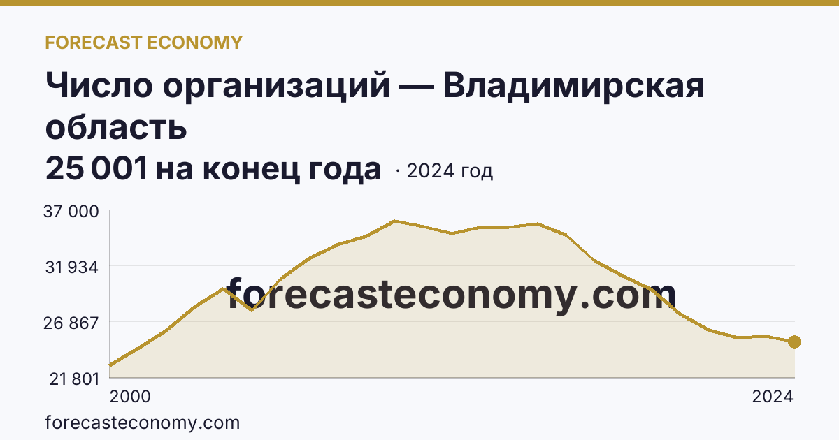 Число организаций — Владимирская область: график динамики 2000–2024, последнее значение 25 001 на конец года