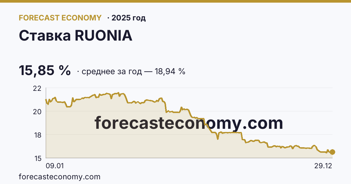 Ставка RUONIA в 2025 году — график, среднее за год 18,94 %, источник Банк России
