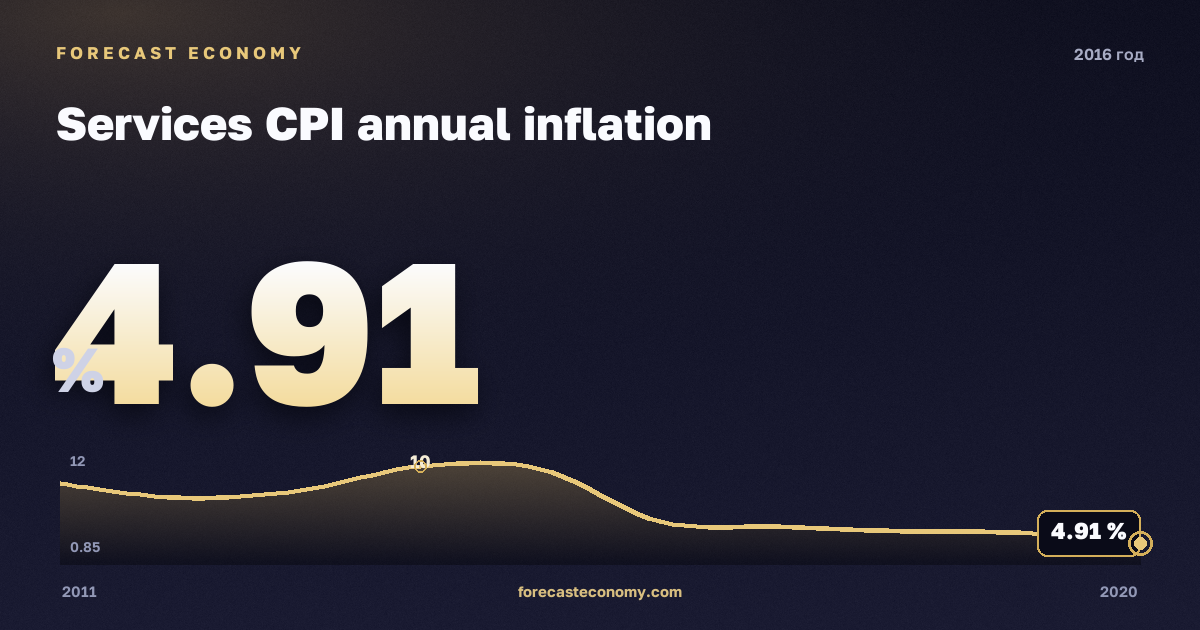 Services CPI annual inflation in 2016 — neighbouring years chart, Annual value 4.9133 %, source Rosstat