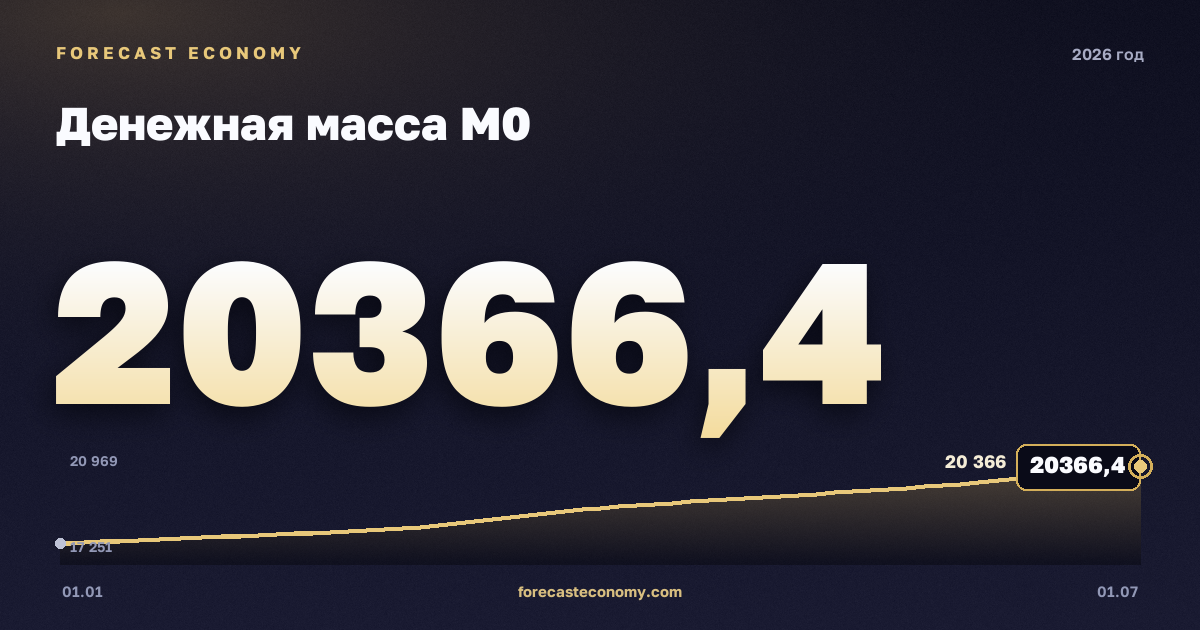 Денежная масса М0 в 2026 году — график, значение на конец года (на 1 июля 2026) 20 366,4 млрд руб., источник Банк России