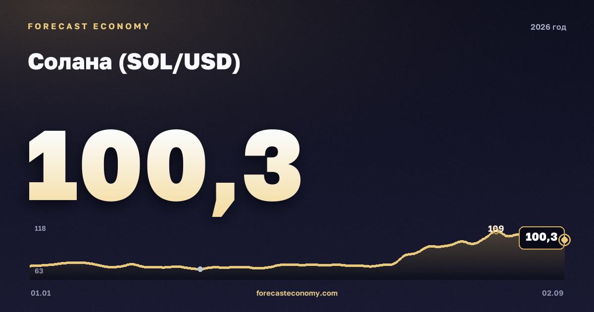 Солана (SOL/USD) в 2026 году — график, среднее за год (на 1 сентября 2026) 88,77 USD, источник Binance