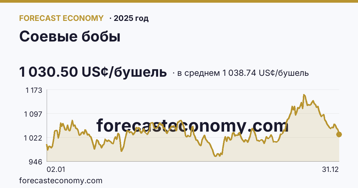 Соевые бобы в 2025 году — график по месяцам, среднее 1 038.74 US¢/бушель, источник Рыночные котировки
