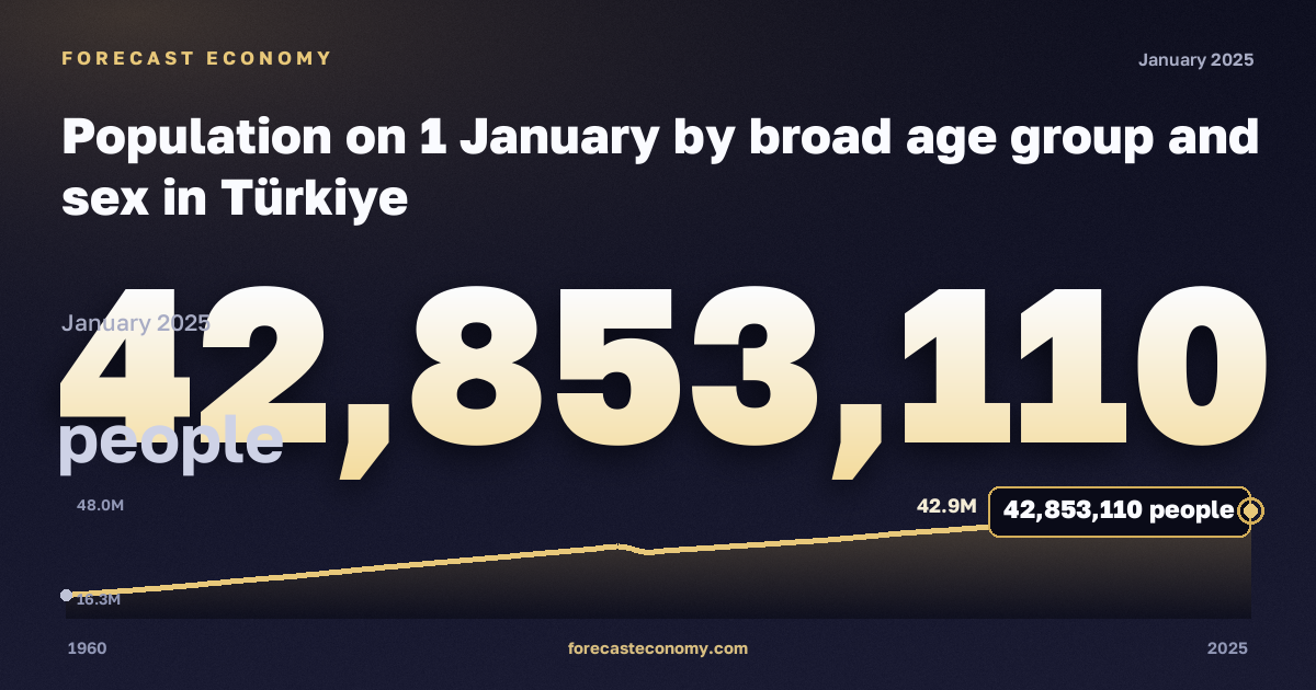 Население на 1 января по укрупнённым возрастным группам, человек, мужчины в Турции: график динамики 1960–2025, последнее значение 42 853 110 человек, источник Евростат