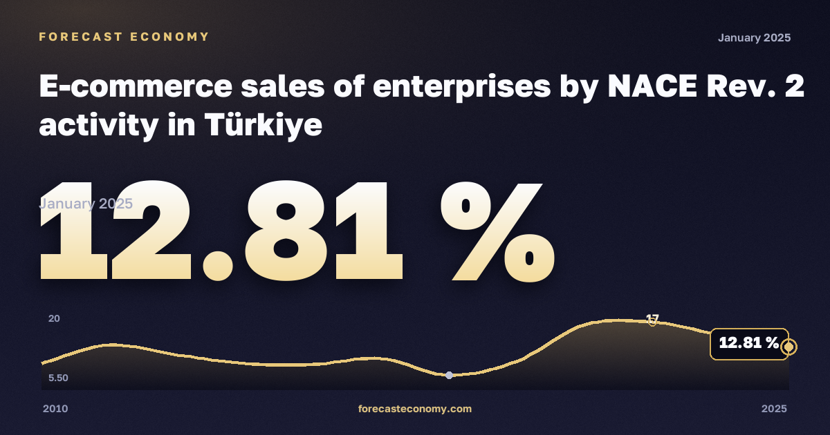 Электронная торговля предприятий по видам деятельности, %, обрабатывающая промышленность в Турции: график динамики 2010–2025, последнее значение 12,81 %, источник Евростат