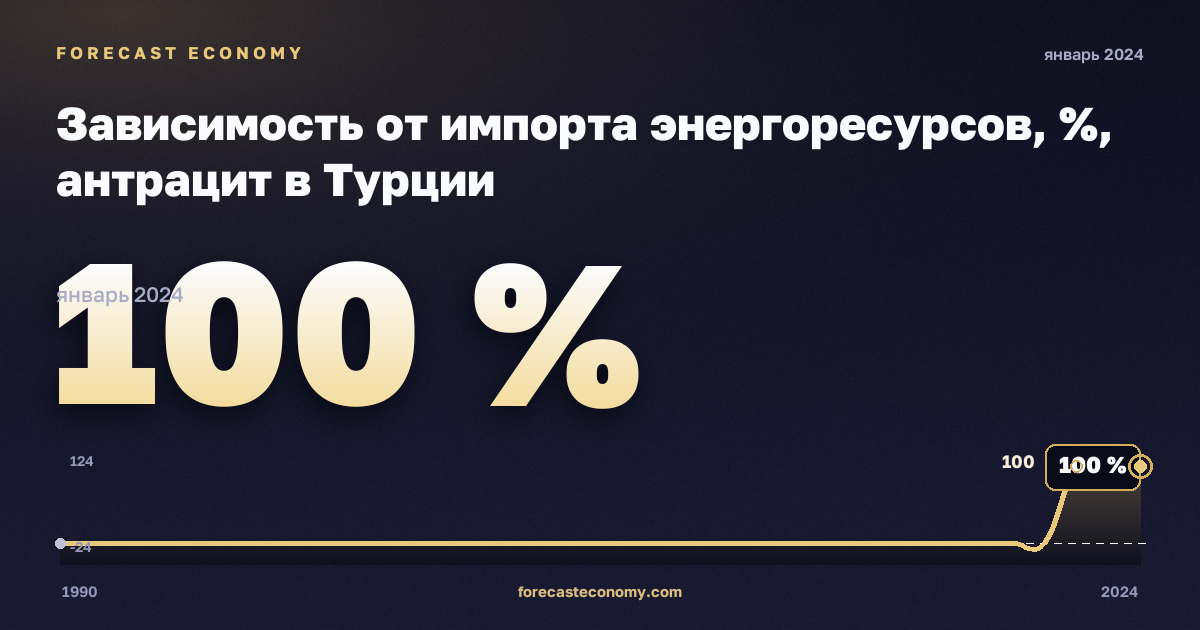 Зависимость от импорта энергоресурсов, %, антрацит в Турции: график динамики 1990–2024, последнее значение 100 %, источник Евростат