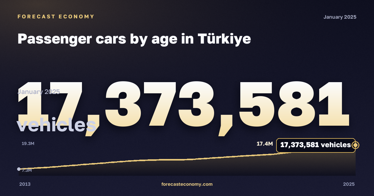 Passenger cars by age in Türkiye: dynamics chart 2013–2025, latest value 17,373,581 автомобилей, source Eurostat