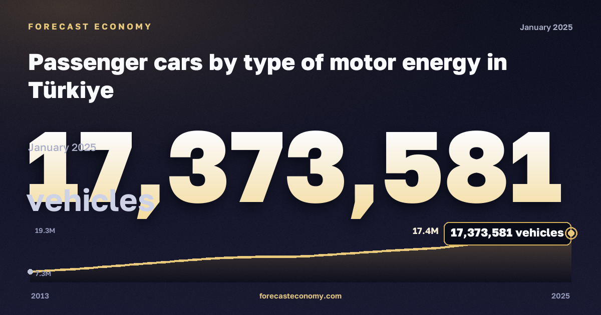 Passenger cars by type of motor energy in Türkiye: dynamics chart 2013–2025, latest value 17,373,581 vehicles, source Eurostat