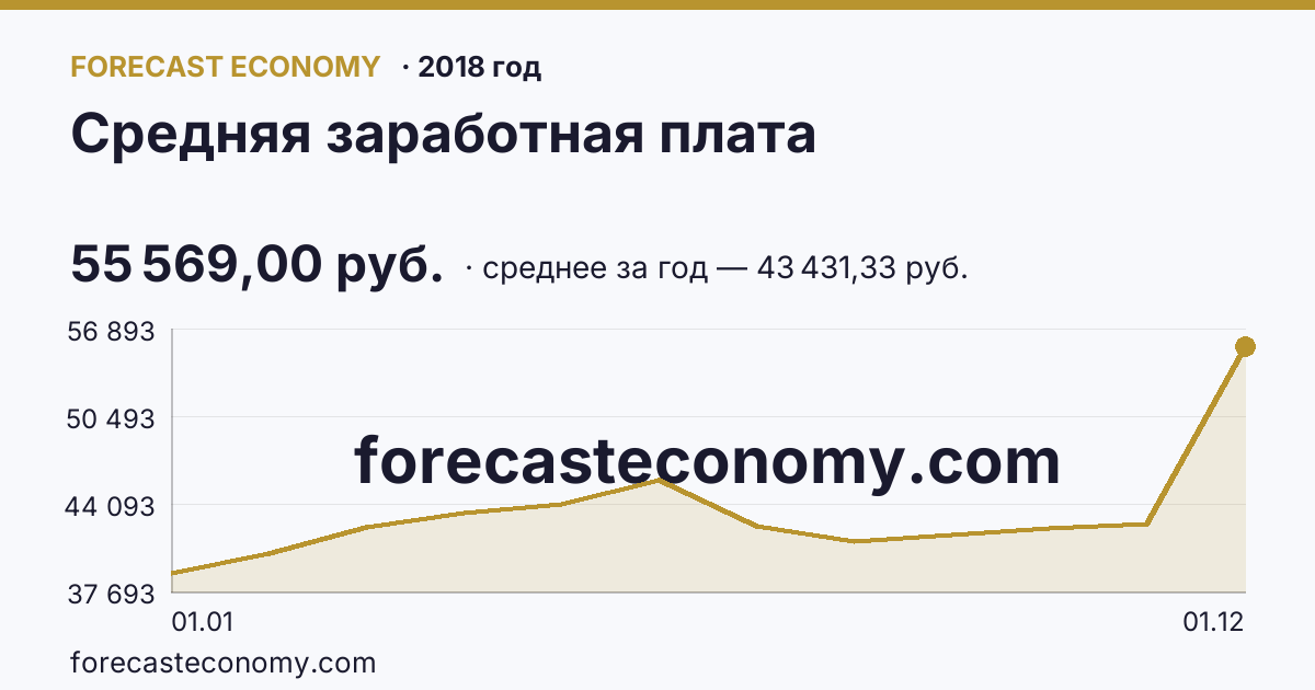 Средняя заработная плата в 2018 году — график, среднее за год 43 431,33 руб., источник Росстат