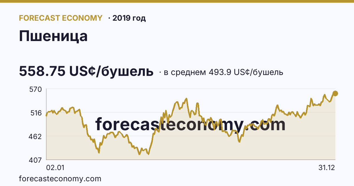 Пшеница в 2019 году — график по месяцам, среднее 493.8968 US¢/бушель, источник Рыночные котировки