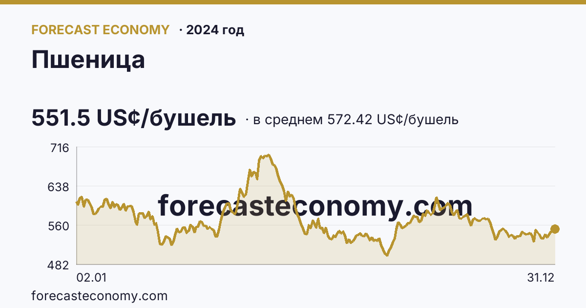 Пшеница в 2024 году — график по месяцам, среднее 572.4196 US¢/бушель, источник Рыночные котировки