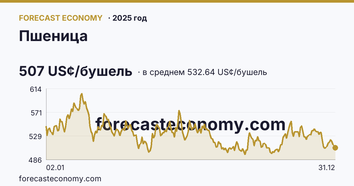 Пшеница в 2025 году — график по месяцам, среднее 532.6424 US¢/бушель, источник Рыночные котировки